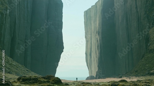 Person standing in the middle of a narrow canyon. the canyon walls are made of large, jagged rocks and are covered in greenery. the sky is overcast and the water is visible in the background.