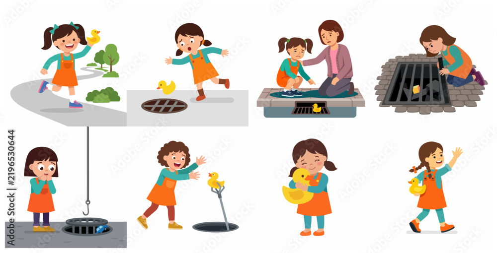 Fototapeta premium Cartoon sequence of a little girl losing her yellow rubber duck in a sewer drain and being comforted until it is rescued