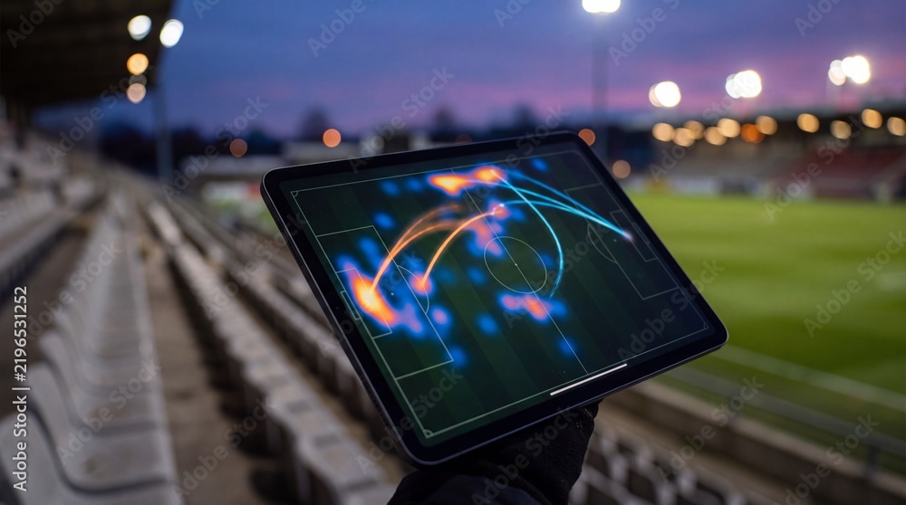 Fototapeta premium Tablet with Football Tactical Heatmap in Empty Stadium at Dusk for Sports Analytics Banner