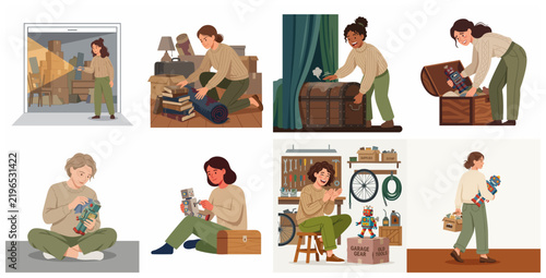 Collection of illustrations depicting people decluttering home storage and finding nostalgic vintage toys in attics or garages