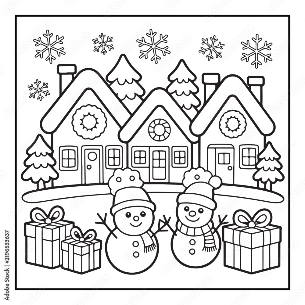 Fototapeta premium Bold-Easy Cute Christmas Coloring Pages, Vectors, Black-White, Line Art Illustration, Cute Christmas Element, Christmas Coloring Pages, Christmas Coloring Book, 8.5x8.5