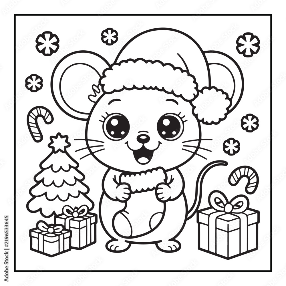 Fototapeta premium Bold-Easy Cute Christmas Coloring Pages, Vectors, Black-White, Line Art Illustration, Cute Christmas Element, Christmas Coloring Pages, Christmas Coloring Book, 8.5x8.5