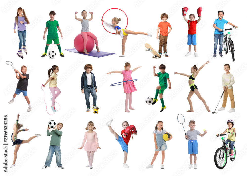 Fototapeta premium Children with various sports equipment, collage of portraits on white background. Classes in different sporting activities