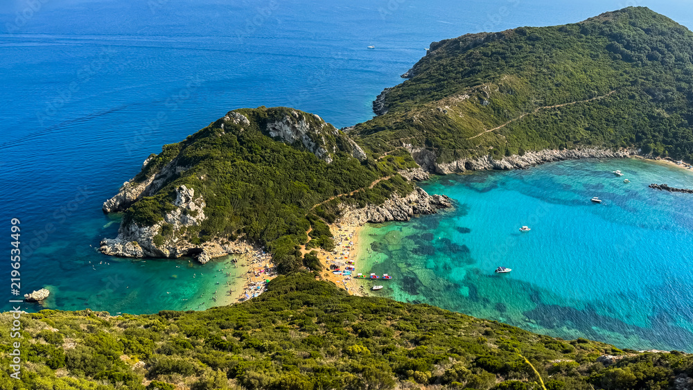 Fototapeta premium Aerial View of Porto Timoni Twin Beach, Corfu, Greece