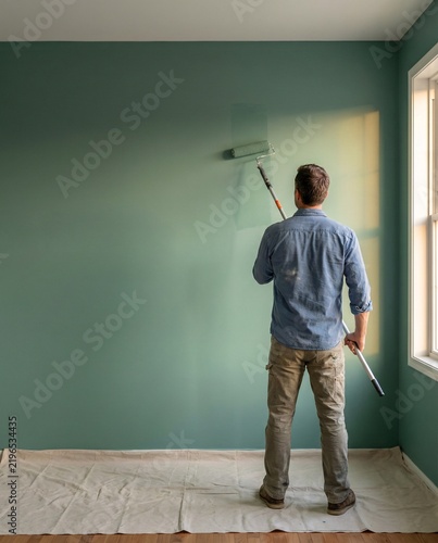 Man Painting Interior Wall with Paint Roller on Extension Pole, DIY Home Renovation and Green Wall House Remodeling