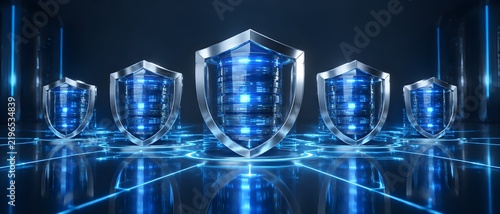 Cyber resilience concept featuring multiple redundant data cores protected by individual metallic shields