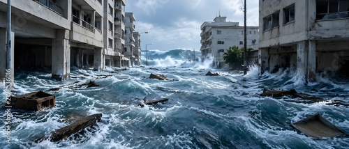Ocean water rushing inland between empty concrete buildings during tsunami inundation with floating debris