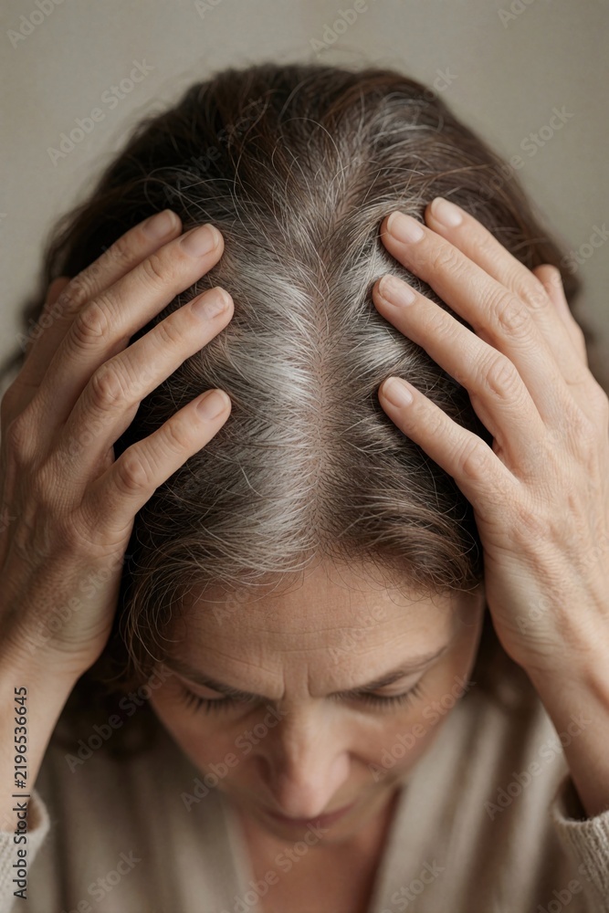 Fototapeta premium Mature woman touches head showing gray hair roots. Embraces aging gracefully. Natural transformation and self acceptance reflected in soft light.