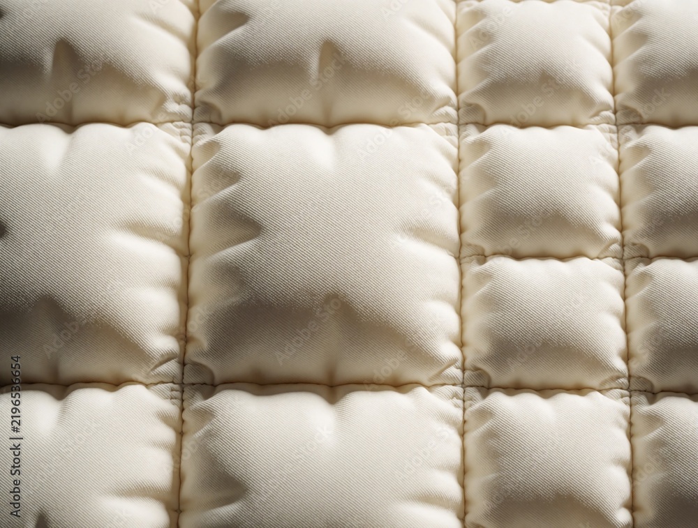Obraz premium Cream colored quilted fabric features puffy square patterns stitched with visible thread. Textile shows soft texture, geometric design, suitable for backgrounds craft projects. Simple elegance