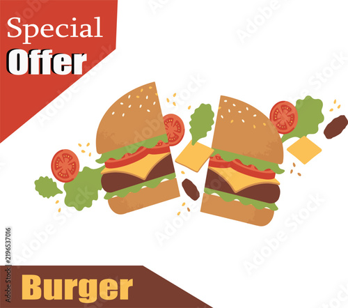 Fast food burger flyer or social media banner design template with floating ingredients