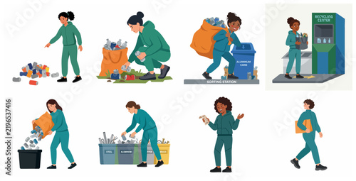 Women recycling aluminum cans and sorting waste in a recycling center, sustainability concept vector illustration