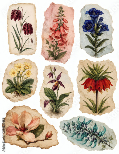 Vintage Botanical Cutouts with Ferns and Wildflowers