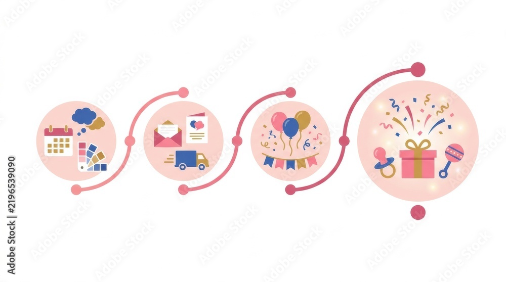 Fototapeta premium Party planning underway for a gender reveal event with decorations in pink and blue colors, balloons, confetti, and gifts