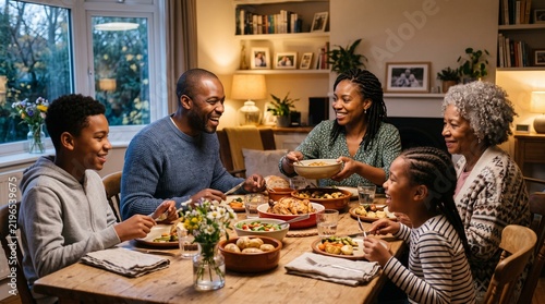 Multi-generational Black family enjoying a festive holiday dinner together at a wooden table indoors
