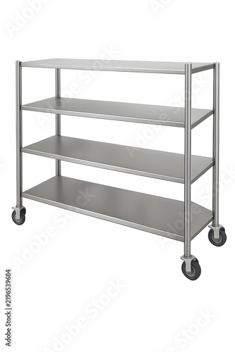 Commercial stainless shelving unit with multiple open storage tiers and caster wheels isolated on transparent background