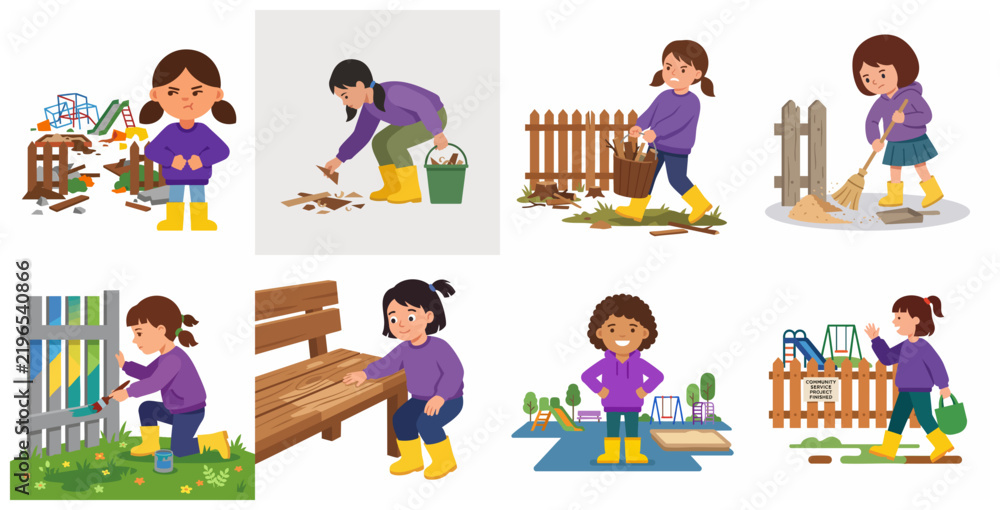 Fototapeta premium Vector illustration showing a girl volunteering to clean and repair a broken playground, documenting the process of a community service project from start to finish.