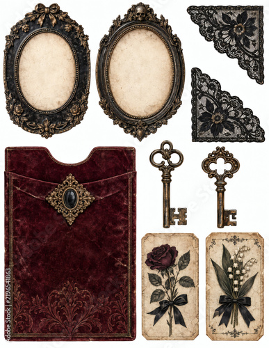 Gothic Journal Ephemera with Ornate Frames and Vintage Keys