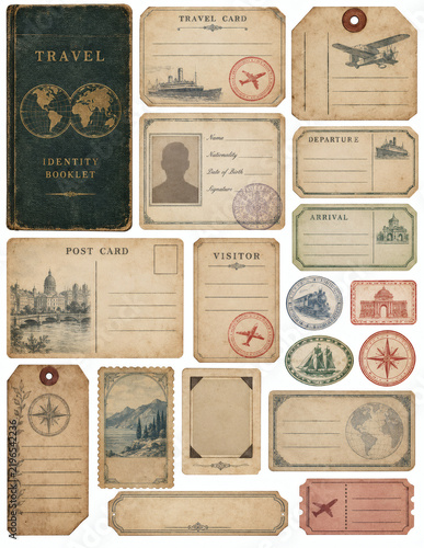 Vintage travel journal postcards and certificate ephemera