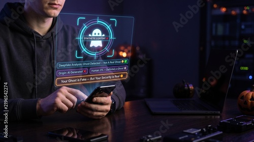 AI authenticity detection concept with synthetic ghost analysis, deepfake verification and cybersecurity verdict on smartphone in dark Halloween technology environment
