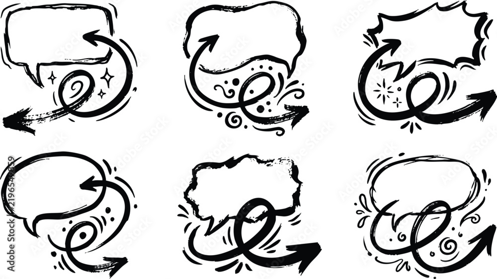 Fototapeta premium Hand drawn speech bubbles with swirly arrows
