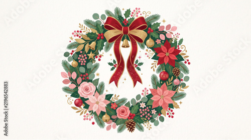 Christmas wreath decorated with green pine branches, poinsettia flowers, and a large red bow in the center.