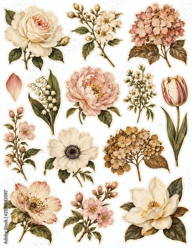 Vintage craft stickers with floral frames and nostalgic paper pieces