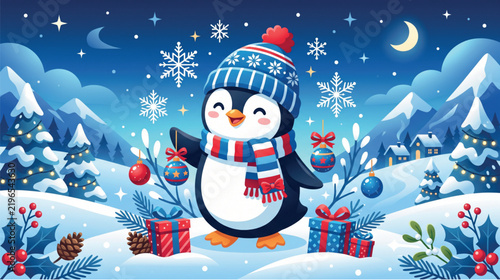 Penguin dressed in a winter hat and scarf holds christmas ornaments amidst falling snowflakes at night.