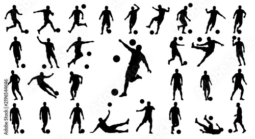 Set of black soccer player silhouettes in various dynamic poses and action movements with a football isolated on a white background
