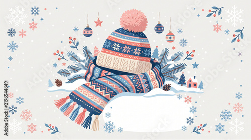 Knitted winter hat and scarf arranged with decorative snowflakes and ornaments on a light gray background.