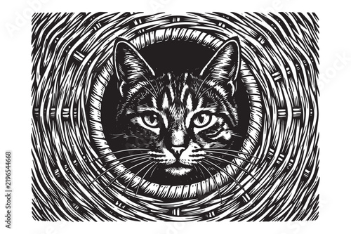 Cat head peering through a circular tunnel with woven texture whiskers engraving