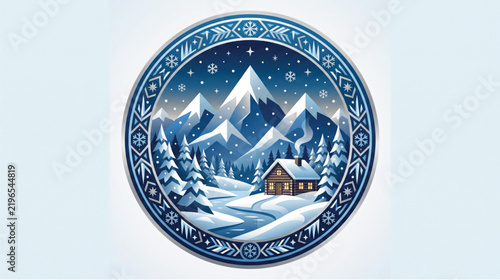 Badge design featuring a snowy mountain landscape inside a circular decorative blue border with winter symbols.