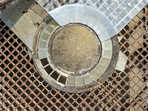 Aerial view of the deteriorated roof structure of Bezistan in central Belgrade, Serbia.