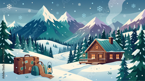 Wooden cabin stands surrounded by pine trees in a snowy mountain valley with travel suitcases in the foreground.