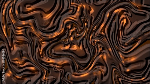 Abstract flowing molten metal texture with bronze and black waves, liquid chrome surface, industrial metallic background  