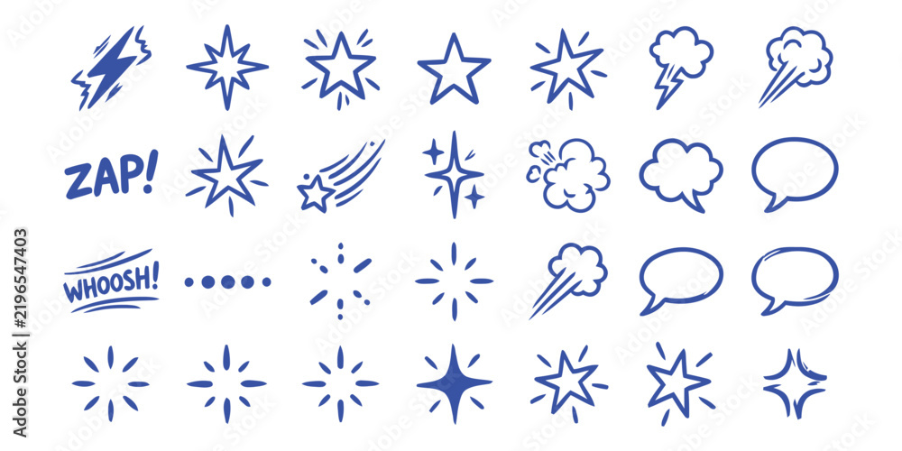 Fototapeta premium Comic book doodle set with speech bubbles, sparkles, stars, and sound effects icons