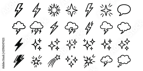 Hand Drawn Lightning Bolt and Sparkle Doodle Icon Set