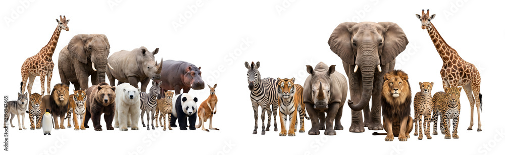 Fototapeta premium Large group of wild animals standing together isolated on white background, mega collection of wildlife including giraffe elephant rhino hippo lion tiger bear panda zebra cheetah kangaroo wolf monkey 