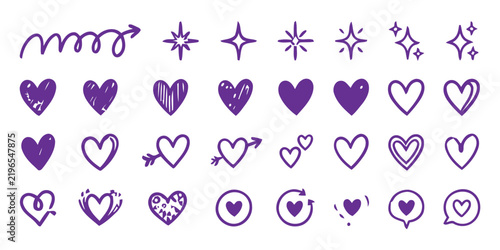 Hand Drawn Purple Heart Doodles and Sparkle Icons Set