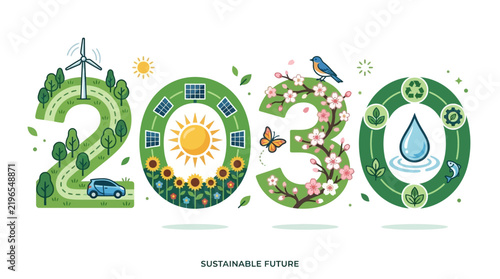 Eco-friendly sustainable 2030 future vision vector illustration featuring renewable energy and environmental conservation symbols