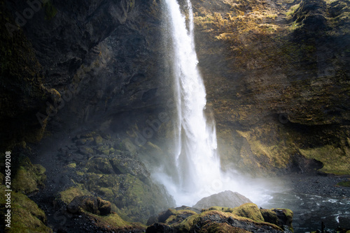 Kvernufoss waterfall in the southern part of Iceland on a cloudy day in March