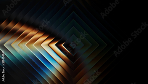 Modern Square Glass 3D Gradient Concentric Wave, Abstract Futuristic Fluted Tiles Corner, Glowing Copper Blue Light Refraction – Angular layered square glass blocks reflecting warm golden-orange