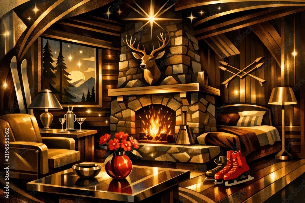 Fototapeta premium Cozy cabin winter retreat illustration.