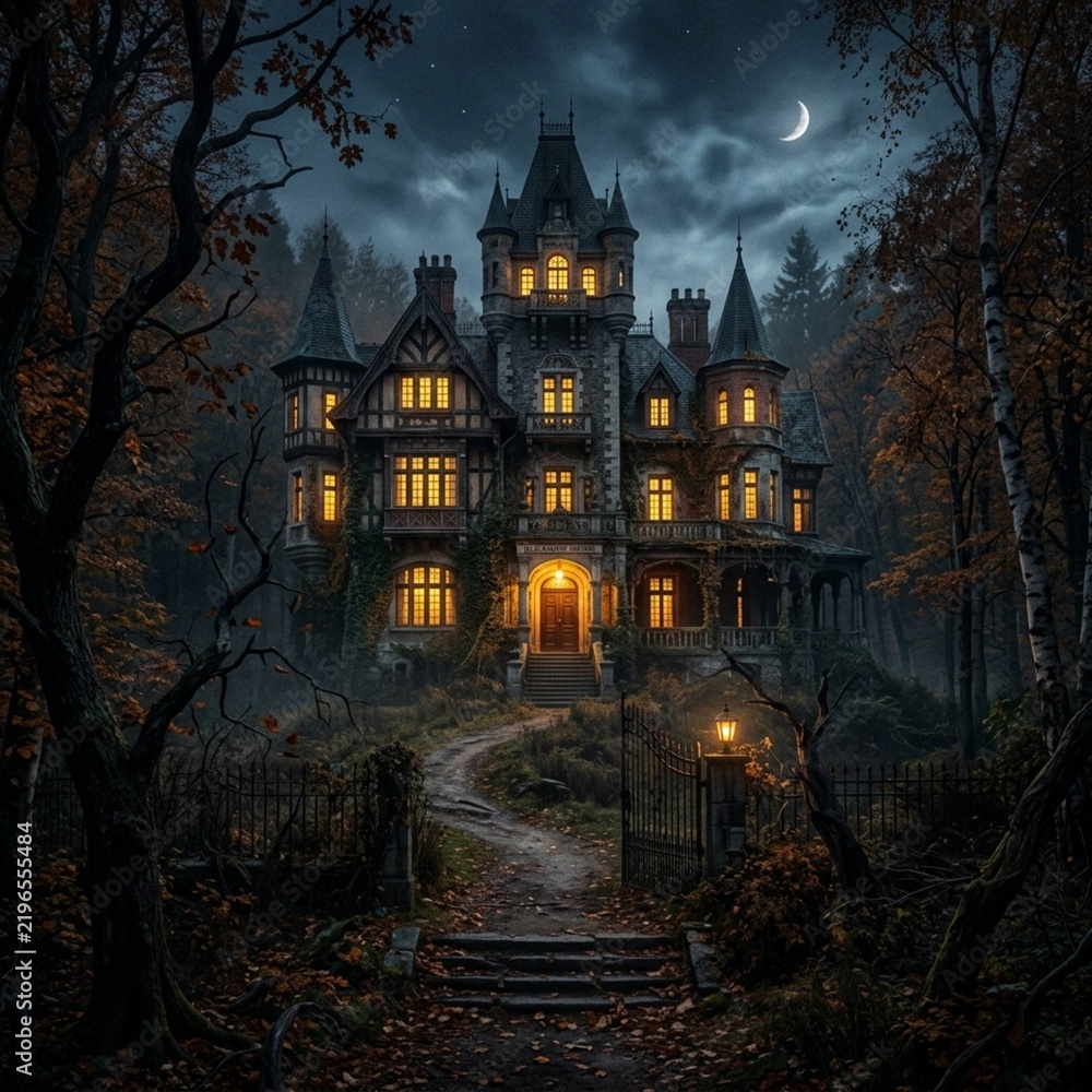 Obraz premium Frontal Cinematic Portrait of Haunted Mansion Autumn Forest with Soft Divine Illumination and Commercial Copy Space