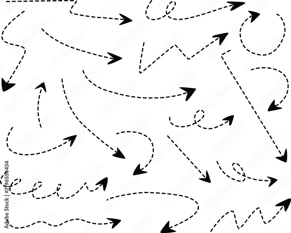 Obraz premium Collection of dashed black arrows in various curved, wavy, and looped styles, dynamic vector illustration symbolizing direction, movement, and flow for creative infographic and design projects