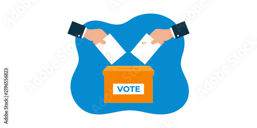 Hands dropping voting ballots into orange box for democratic election and political participation.