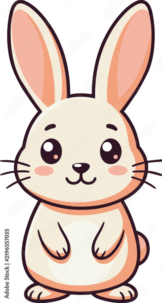 Fototapeta premium Adorable Cartoon Bunny Character Sitting Upright with Soft Pink Ears and Gentle Expression, Cute Rabbit Illustration Isolated on White Background for Children's Books, Nursery Decor, and Easter