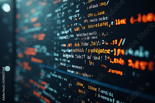 Abstract digital art of glowing computer code with orange and blue highlights programming technology