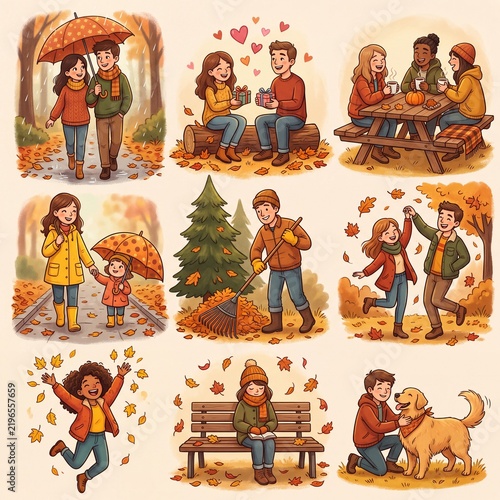 Adorable autumn-themed cartoon illustrations of diverse couples and individuals enjoying fall activities and nature
