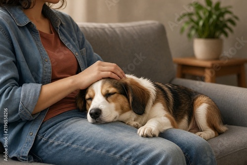 Woman Petting a Cute Puppy Sleeping on Her Lap While Sitting on a Comfortable Couch
