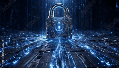 Intricate metallic padlock with glowing blue digital circuits security technology